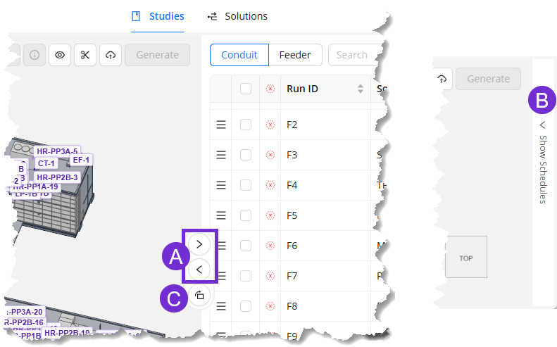 Interface displaying conduit and feeder options with highlighted navigation buttons.